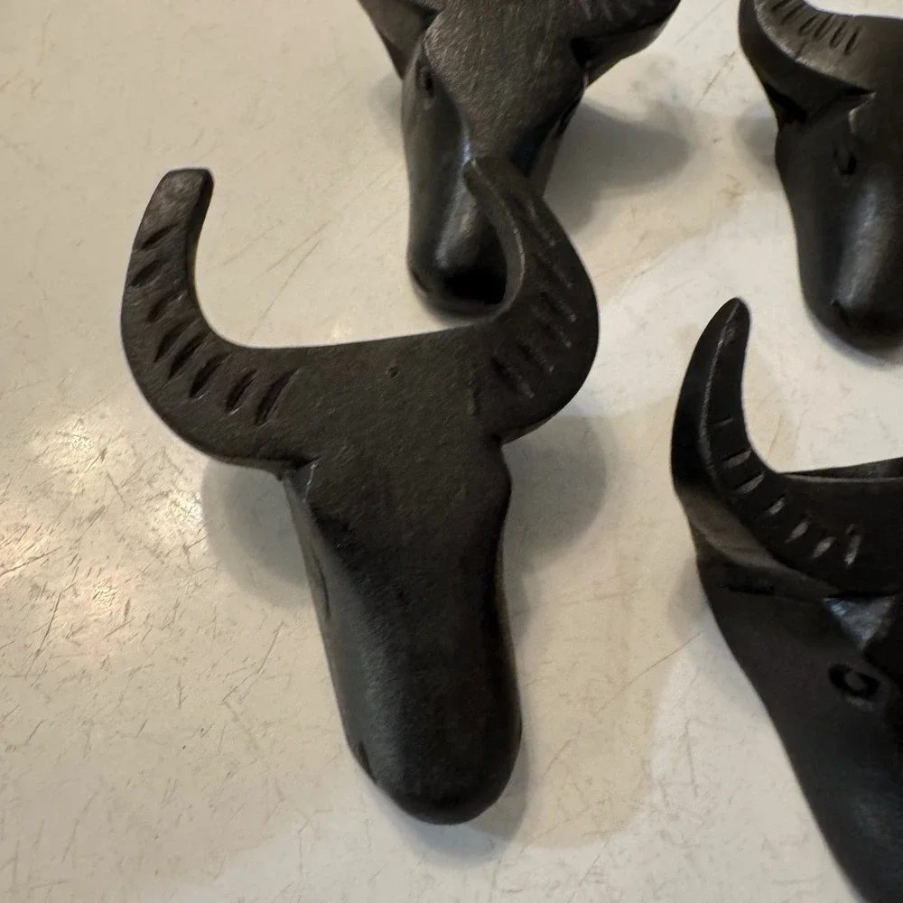 Napkin Rings Set of 6 Dark Brown Wood Hand Carved Bull Head Rustic Southwestern